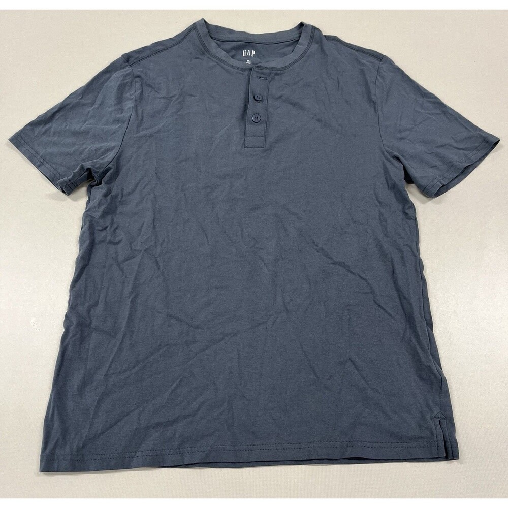 Men's Gap Blue Crew Neck 3-button Short Sleeve Shirt, Medium